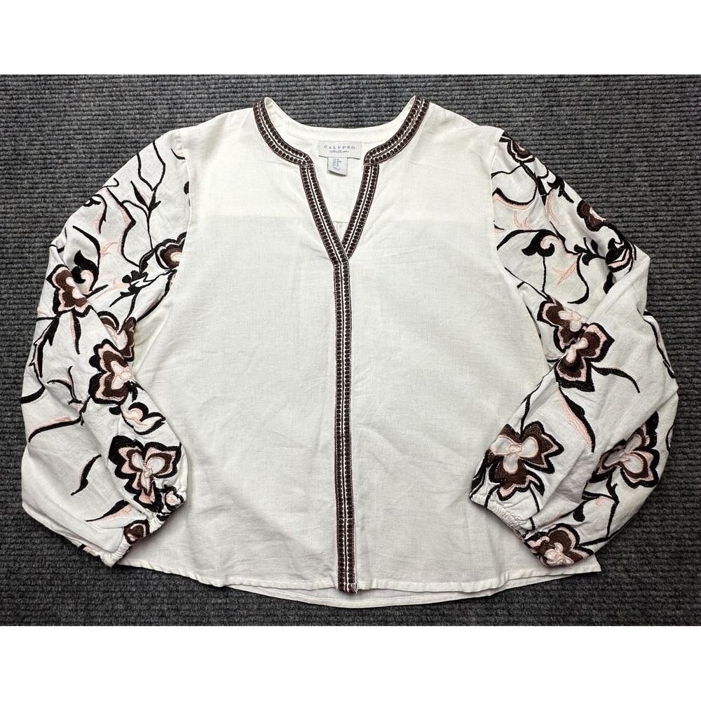 Calypso St. Barth Blouse Womens Medium White Embroidered Floral Boho Tunic Top‎